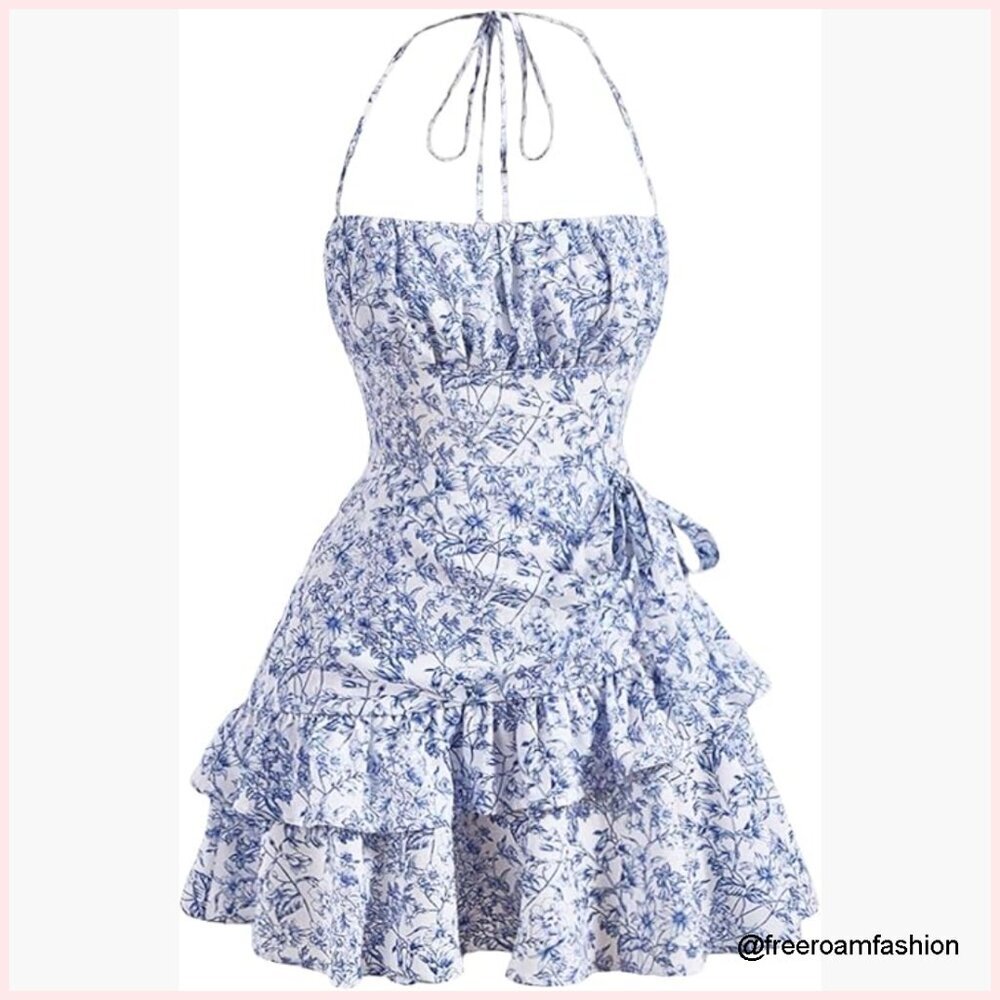 Floral Halter Tiered Mini Dress, Polyester, Summer Vacation Sundress